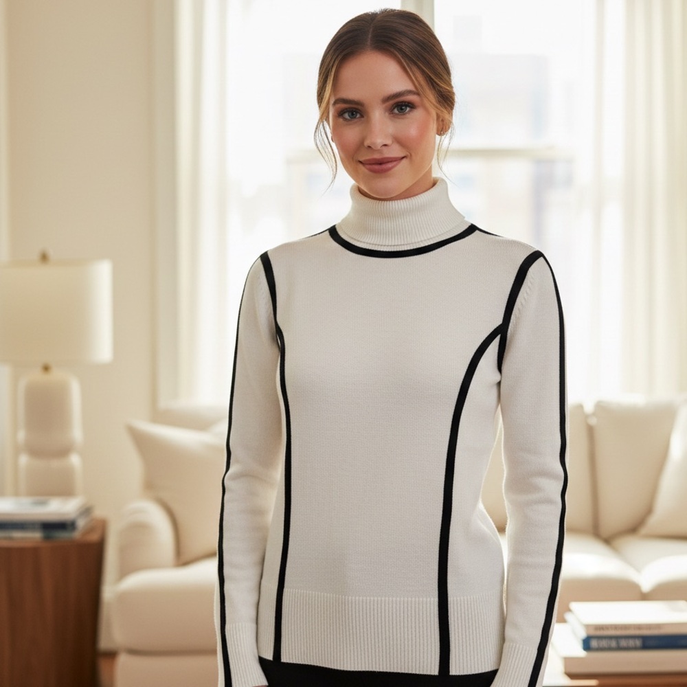 Carmen Marc Valvo White Turtleneck Cable Knit Sweater